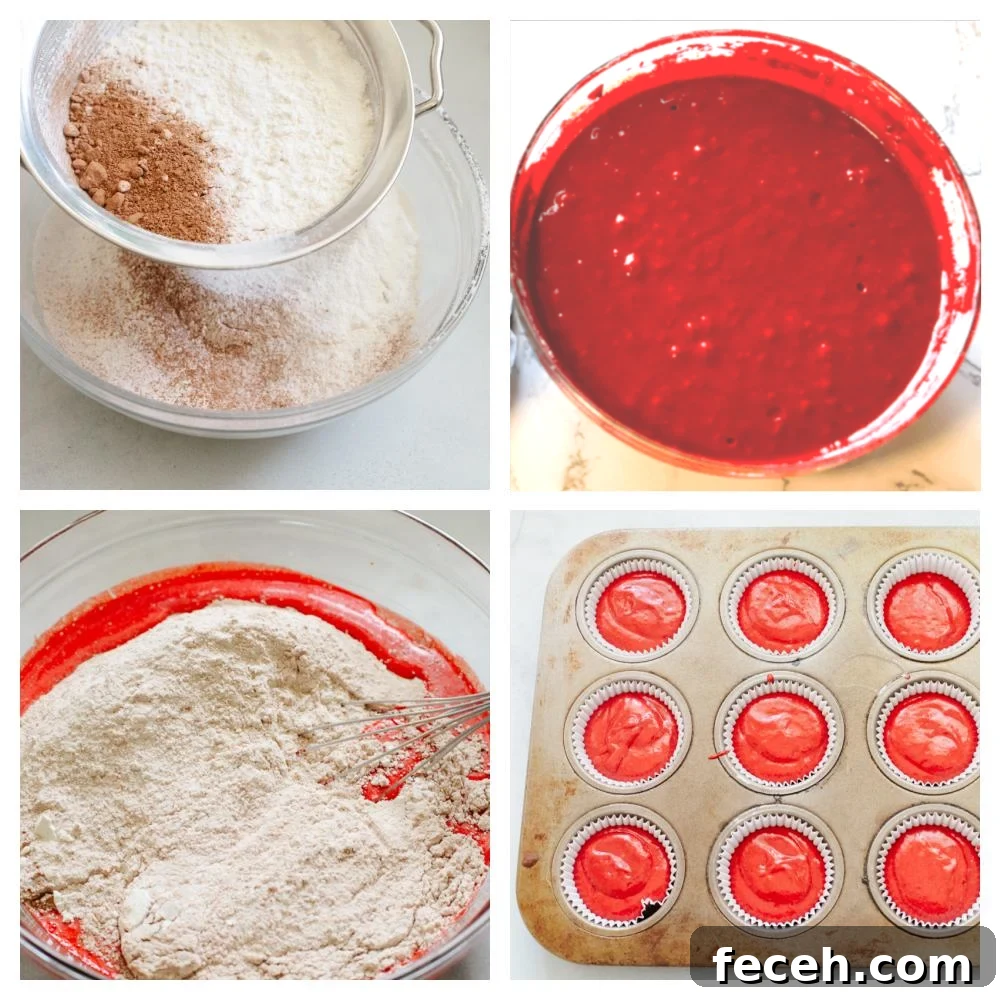 Mixing and filling cupcake tins. 4 pictures showing how to mix up the batter with red food coloring and then add to a cupcake tin.