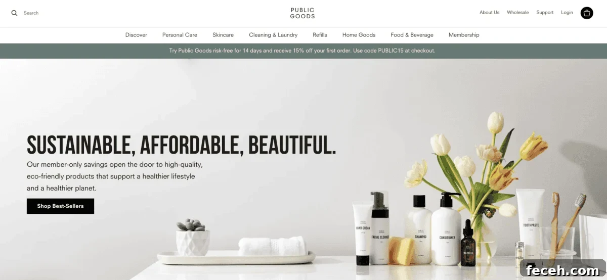 Are Public Goods Products Worth It? A Deep Dive Into Their Ingredients 2 The photo displays the homepage for Public Goods, featuring various personal care products like shampoo and toothpaste alongside a vase of tulips and the text "SUSTAINABLE, AFFORDABLE, BEAUTIFUL".