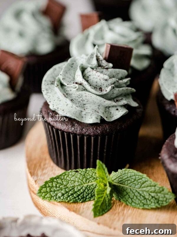 Homemade Baked Chocolate Donuts Recipe — Soft & Fudgy Treats 11 Mint chocolate cupcakes topped with mint chocolate chip frosting and an Andes mint on a wood circular tray with mint leaves as decoration.