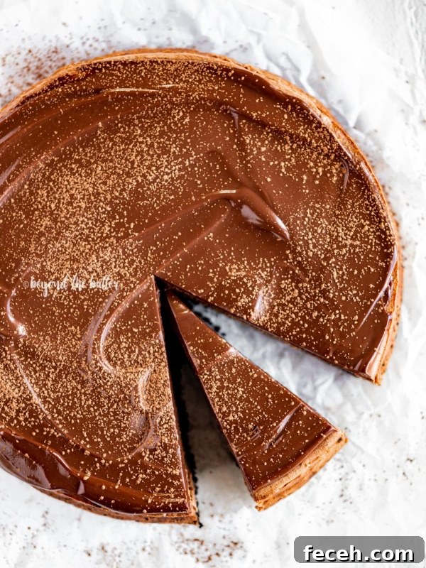 Homemade Baked Chocolate Donuts Recipe — Soft & Fudgy Treats 12 Overhead angled image of Triple Chocolate Mocha Cheesecake dusted with cocoa and a slice removed.