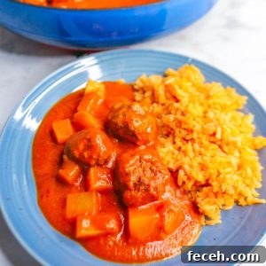 Albondigas in Chipotle Sauce on a plate with Mexican rice
