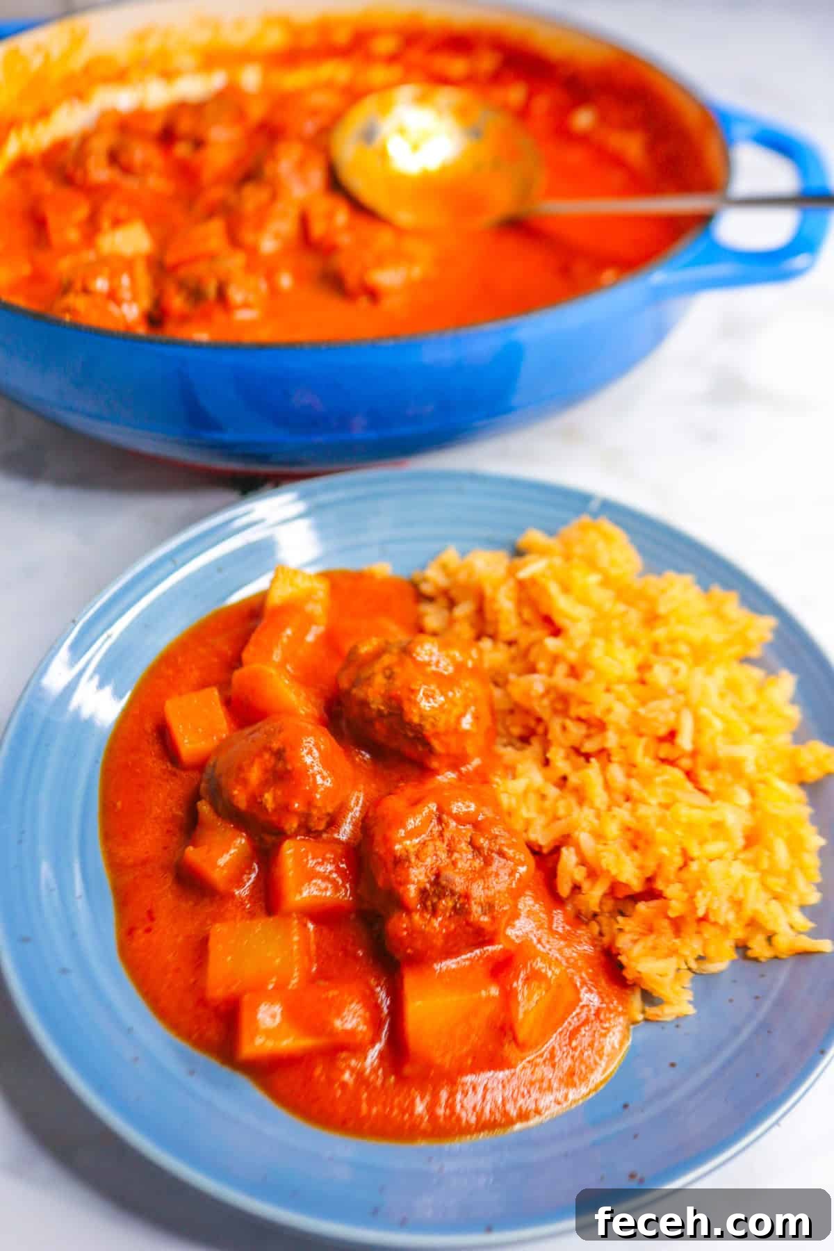 Albondigas in Chipotle Sauce on a plate with Mexican rice