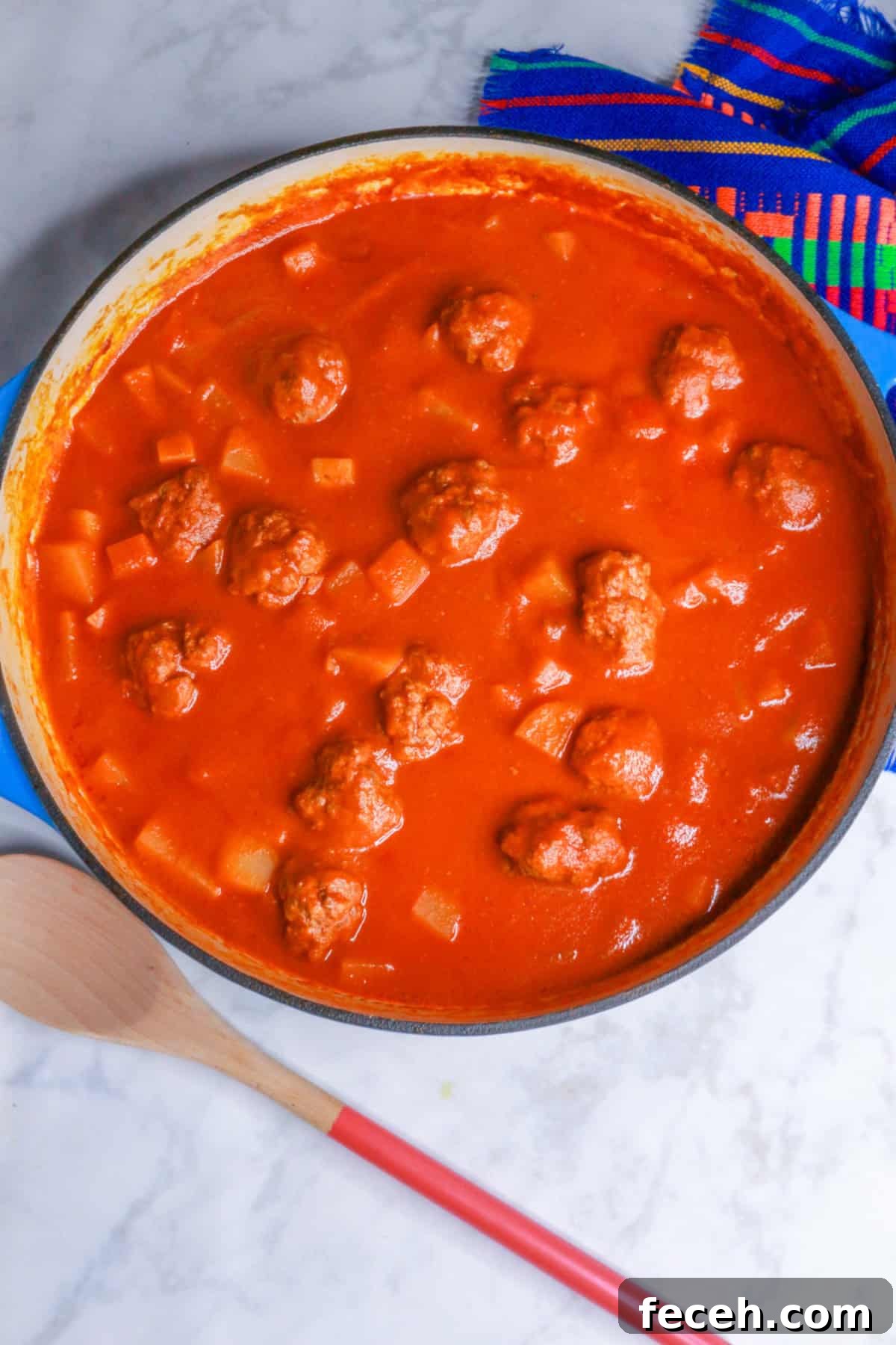 Overhead view of Albondigas in Chipotle Sauce