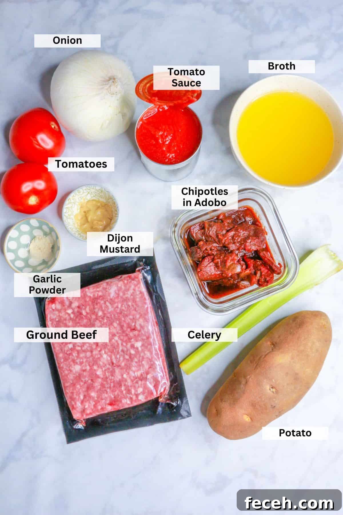 Ingredients for albondigas in chipotle sauce: onion, tomatoes, tomato sauce, broth, chipotles, celery, potato, dijon mustard, garlic powder, ground beef