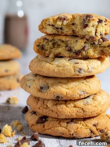 A stack of chocolate chip cookies without brown sugar in a white background.
