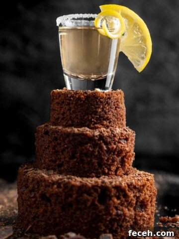 A chocolate cake shot with a slice of lemon on top of a mini tiered chocolate cake.
