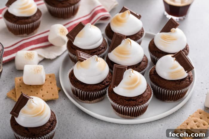 S'mores Cupcakes Recipe: Gooey Campfire Chocolate & Toasted Marshmallow 11 White platter filled with s'mores cupcakes, surrounded by graham crackers and toasted marshmallows.