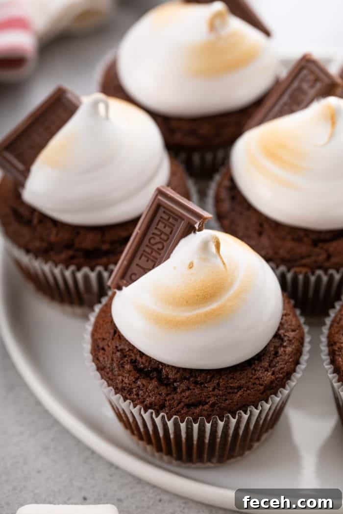 S'mores Cupcakes Recipe: Gooey Campfire Chocolate & Toasted Marshmallow 3 Close up of s'mores cupcakes topped with marshmallow frosting and a chocolate square on a white platter.
