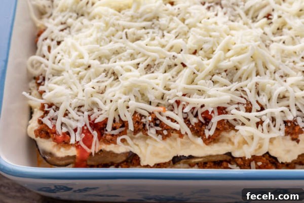 Image of unbaked keto eggplant lasagna showing individual layers of eggplant, ricotta cheese, meat sauce and mozzarella cheese topping.