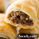 extreme close up of sausage rolls stack on one another