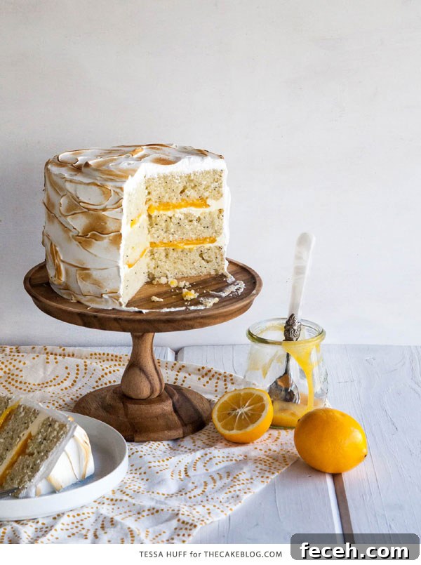Decadent Lemon Meringue Cake Recipe with Zesty Citrus Layers 9 Lemon Meringue Cake | with lemon curd and toasted meringue frosting | by Tessa Huff for TheCakeBlog.com
