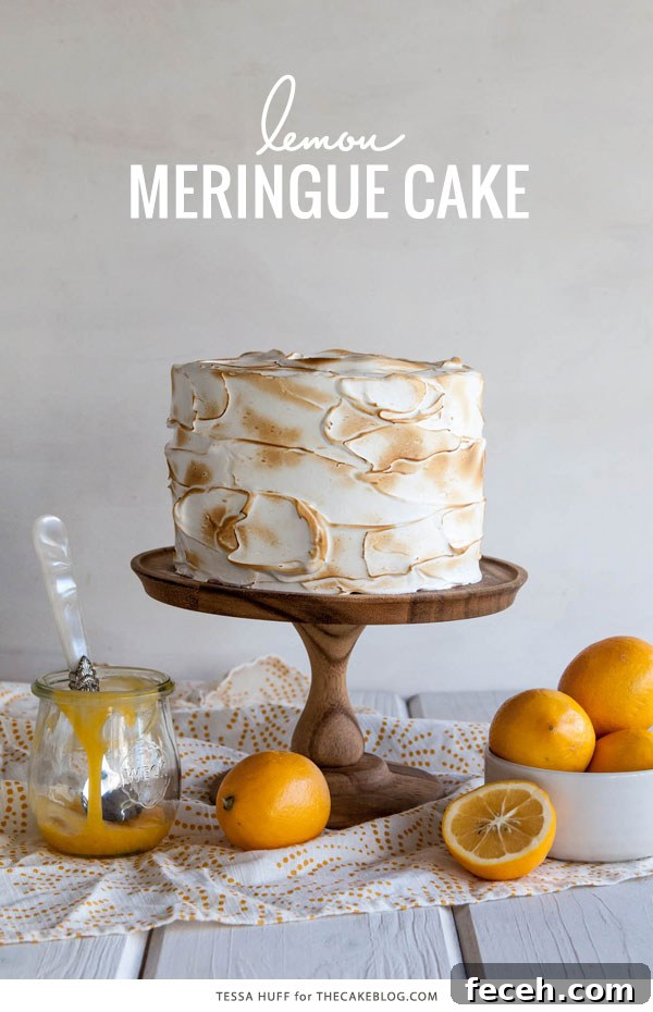 Decadent Lemon Meringue Cake Recipe with Zesty Citrus Layers 3 Lemon Meringue Cake | with lemon curd and toasted meringue frosting | by Tessa Huff for TheCakeBlog.com