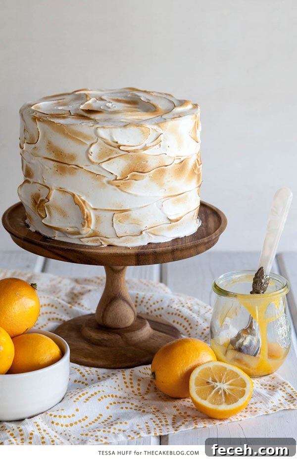 Decadent Lemon Meringue Cake Recipe with Zesty Citrus Layers 4 Lemon Meringue Cake | with lemon curd and toasted meringue frosting | by Tessa Huff for TheCakeBlog.com