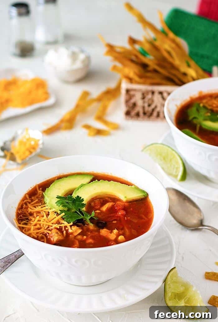 15 Global Soups and Hearty Stews to Warm Any Night 19 A white bowl on a white background filled with chicken soup and topped with avocado slices.