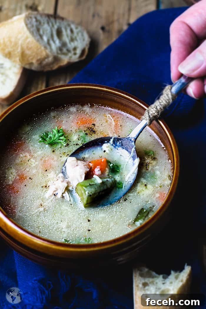 15 Global Soups and Hearty Stews to Warm Any Night 9 A spoonful of soup dipped into the bowl showing chicken, carrot, and okra.