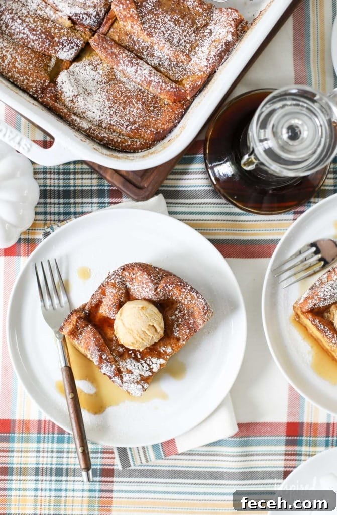 pumpkin french toast casserole in a baking dish and served on a plate with maple syrup.