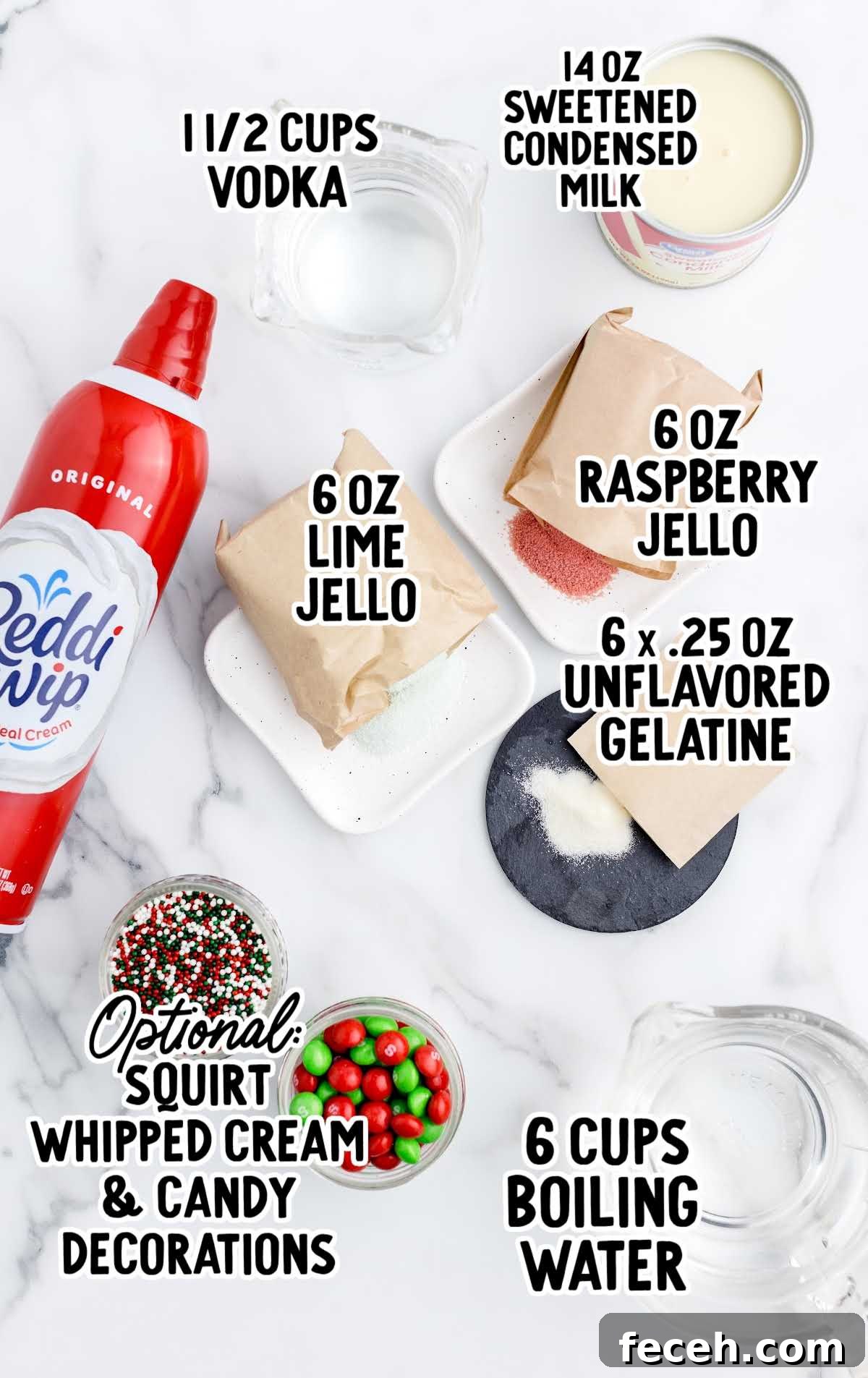 Holly Jolly Jello Shots raw ingredients that are labeled