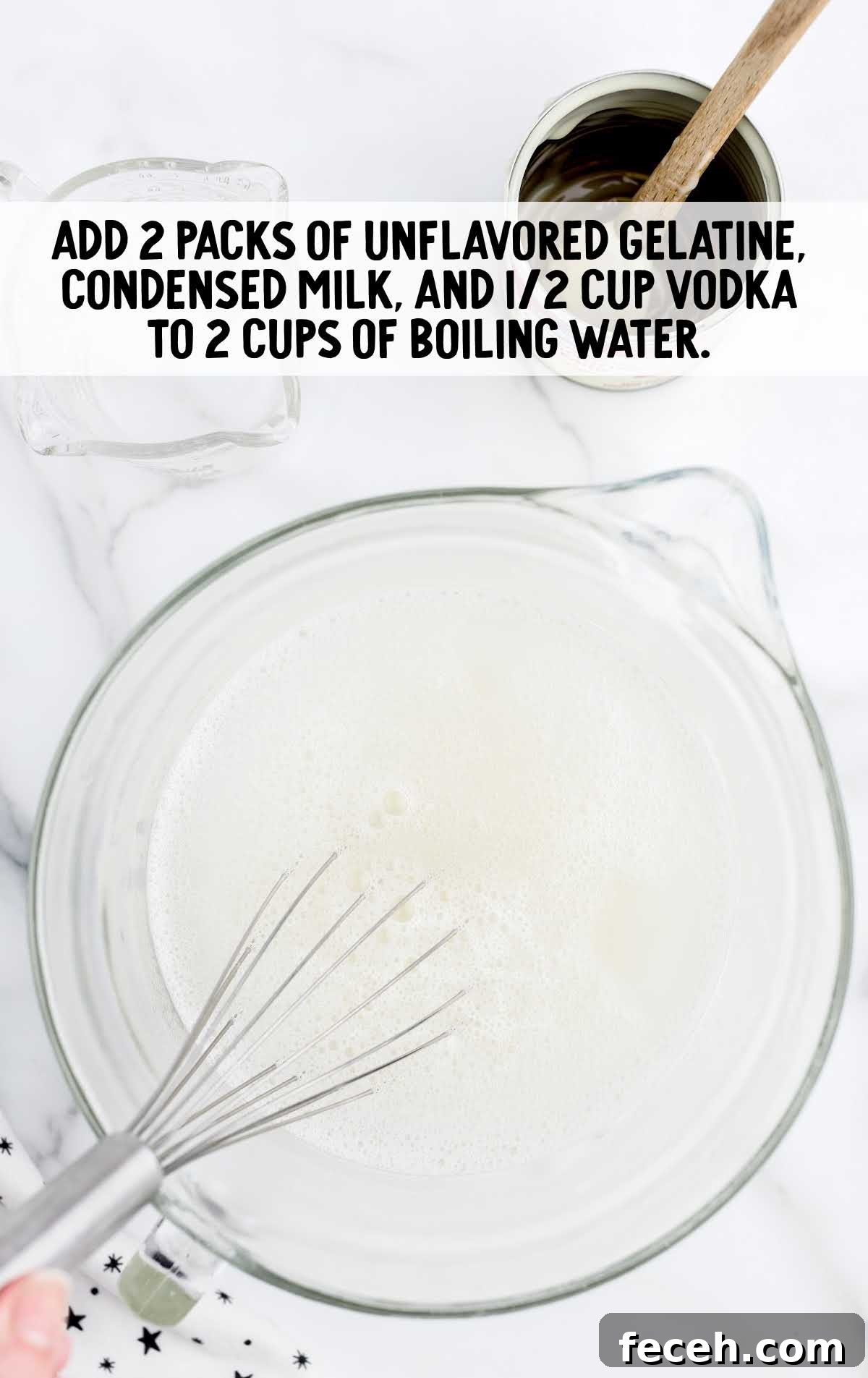 unflavored gelatin, milk, and vodka and water whisked in a measuring cup