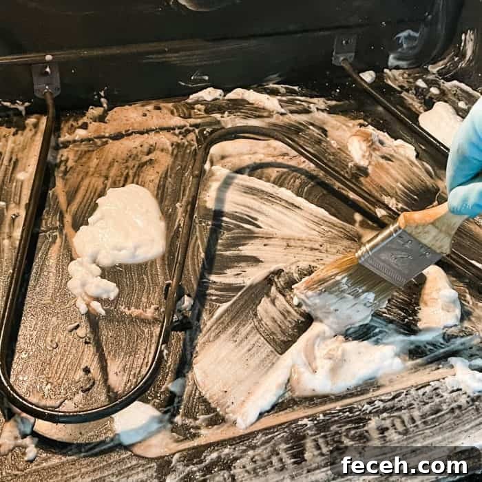 avoid heating element on bottom of oven -- spread paste around heating element, lift up heating element to get paste under it