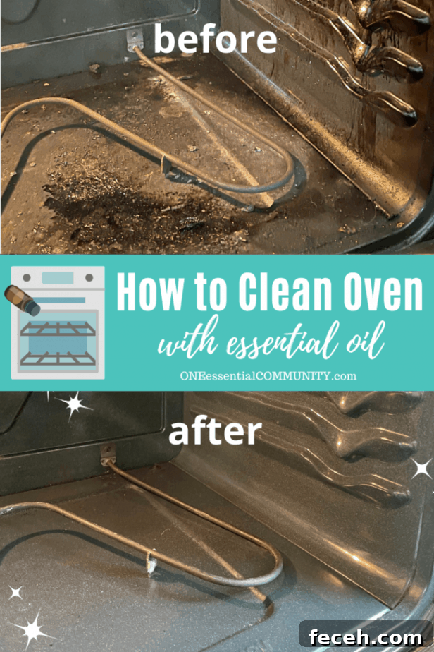 how to clean oven with essential oil -- before photo of dirty oven and after photo of clean oven