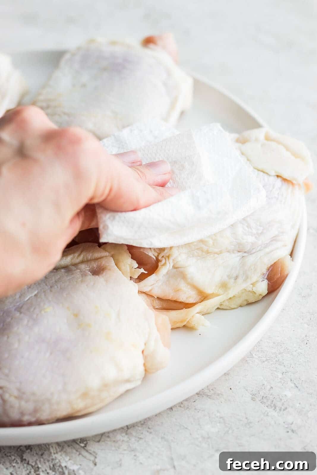 Patting chicken dry with a paper towel.