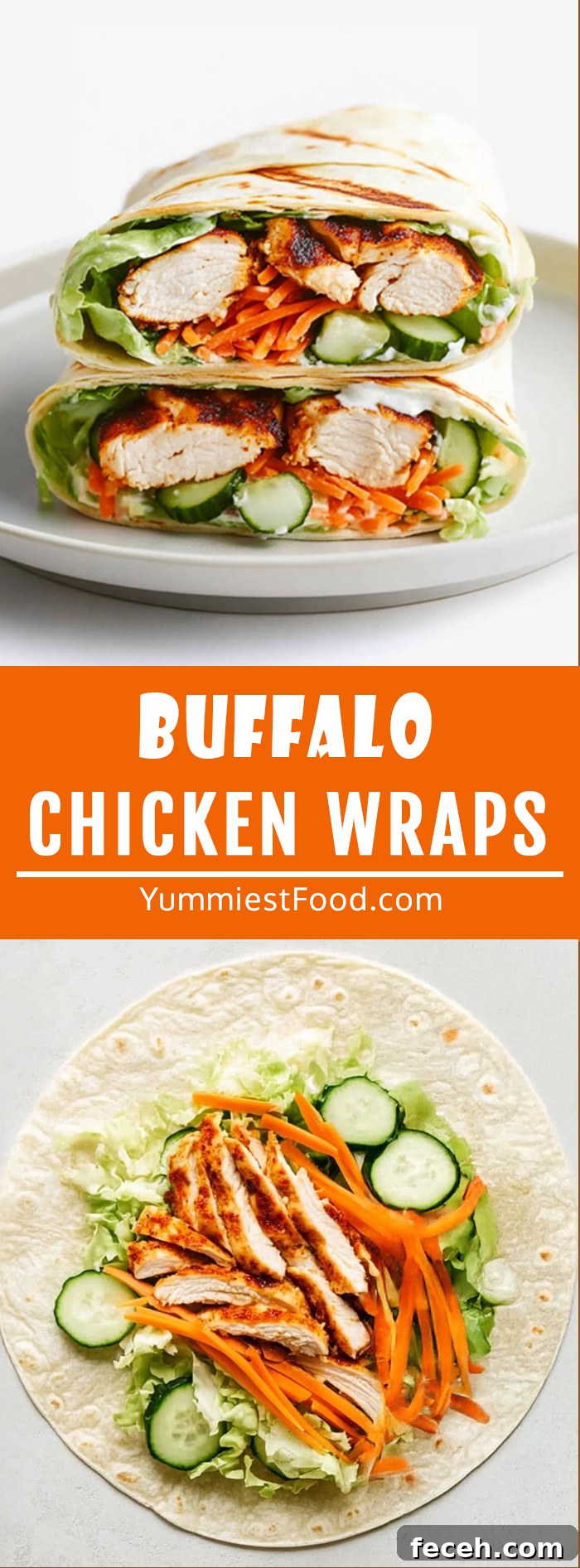 Soft flour tortilla filled with spicy buffalo chicken, crisp romaine lettuce, shredded carrots, and sliced cucumbers, neatly wrapped and sliced in half, served on a plate! Easy and Flavorful Summer Meal for All Ages!