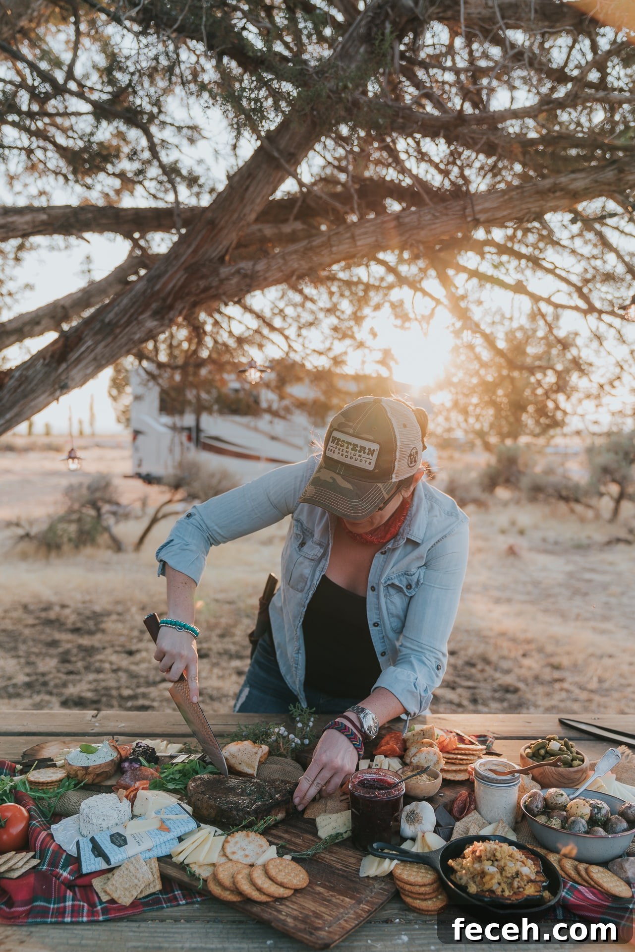 Woman slicing a steak.