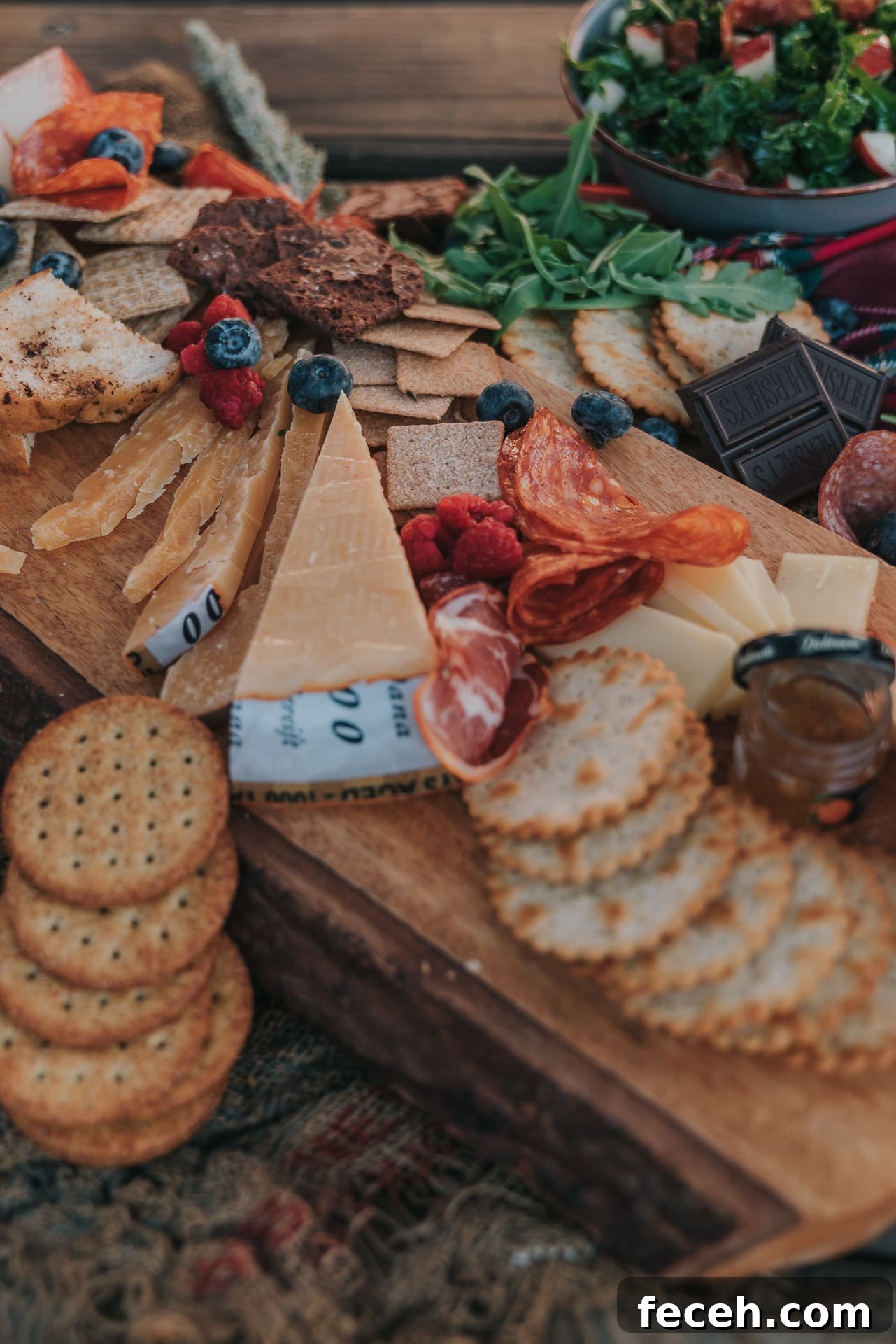 Wooden board with cured meats, crackers, and cheese.