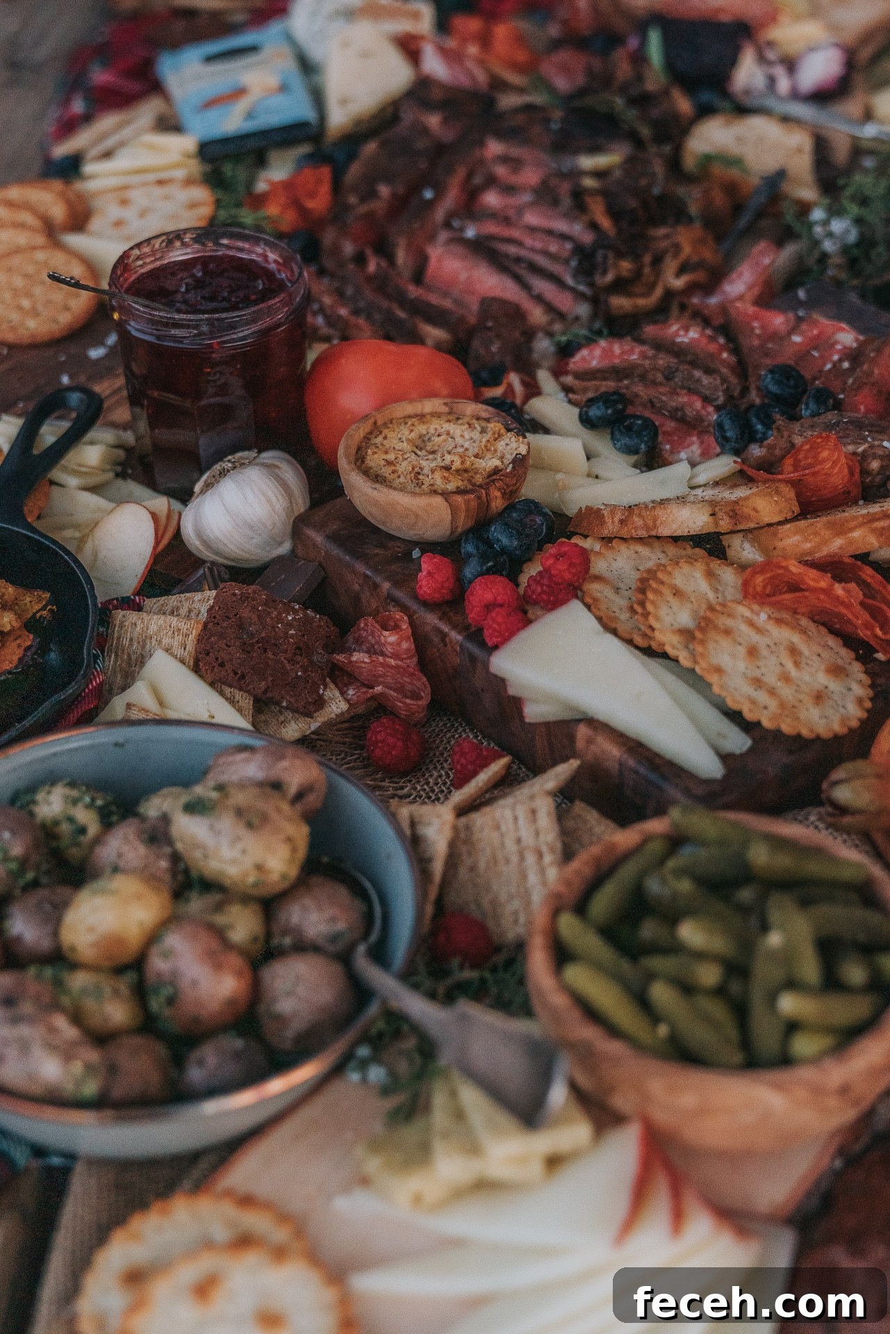 Close up of charcuterie board with layers of different meats and various slices of cheese, veggies and mini pickles.