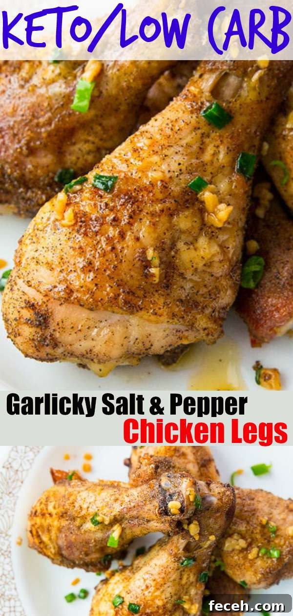Amazing, mind-blowing low carb garlicky salt and pepper oven baked chicken legs. Green onion, garlic and sesame oil make these the most amazing chicken legs that you will ever eat.