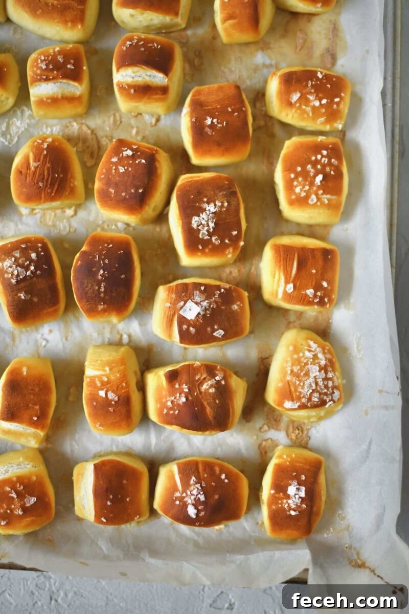 Soft Homemade Pretzel Bites Recipe for Perfect Party Snacks 13 Pretzel bites lined up on a sheet pan and some of the dusted with flakey salt, after baking.