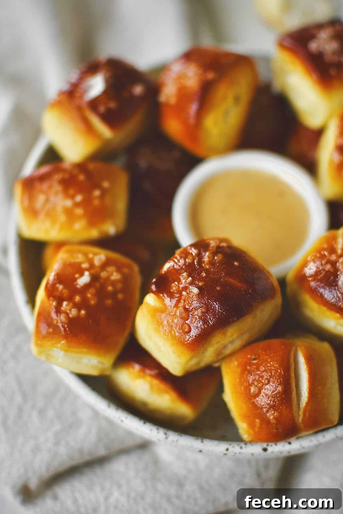 Soft Homemade Pretzel Bites Recipe for Perfect Party Snacks 17 Homemade Pretzel Bites on a platter with cheese sauce in the middle for dipping.