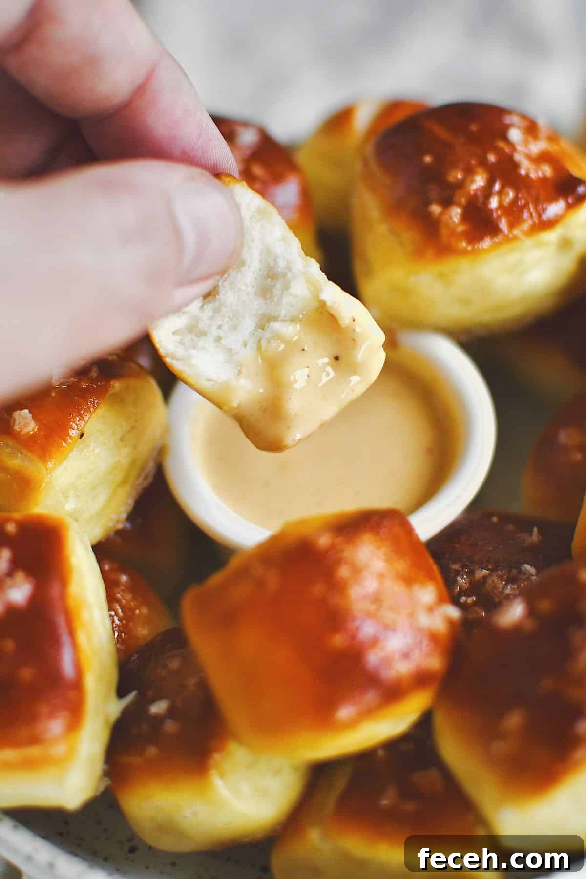 Soft Homemade Pretzel Bites Recipe for Perfect Party Snacks 18 Dipping a split pretzel bite into cheese sauce before eating.