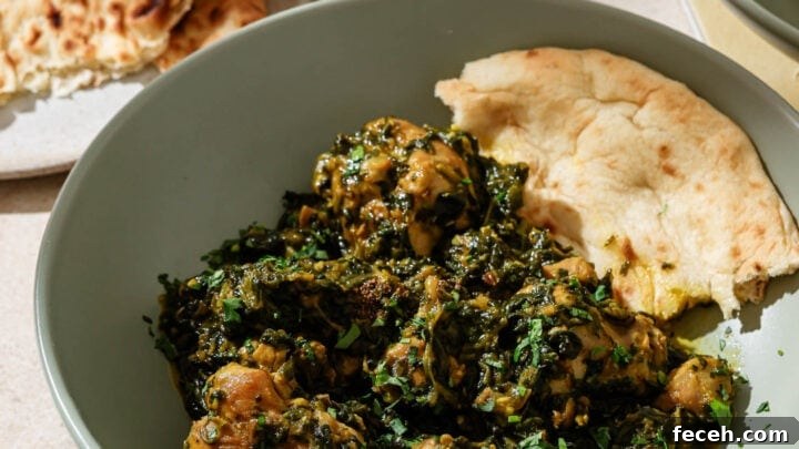 A blue bowl with Palak Chicken and naan ready to be eaten.