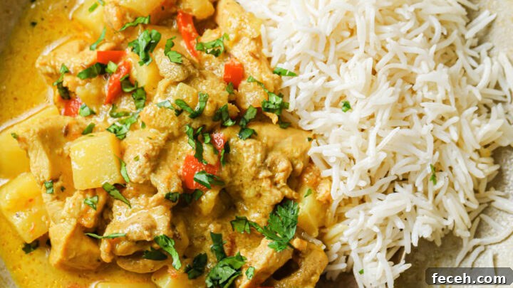 Chicken Curry with Coconut Milk and rice in a beige bowl with a metal spoon.