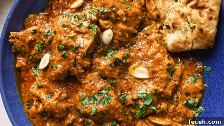 Chicken Korma in a round blue bowl with a piece of naan.