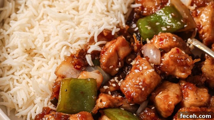 Close up of a plate of Honey Ginger Chicken with rice ready to be eaten.