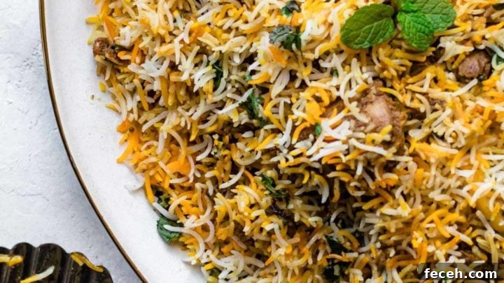 Chicken Biryani on a gold-trimmed platter with a silver rice spoon resting on the side