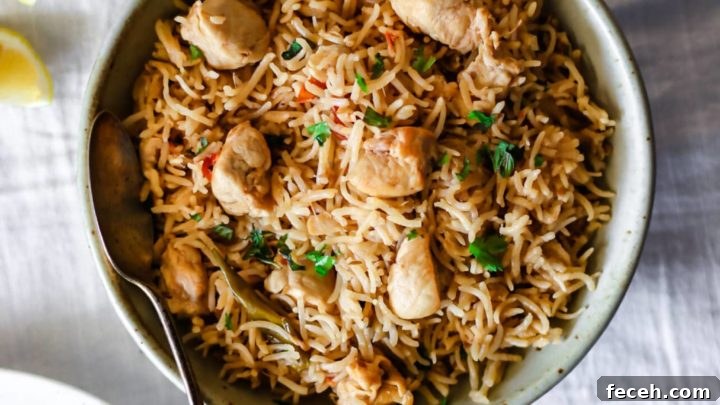 Instant Pot Chicken Pulao in a bowl garnished with cilantro.