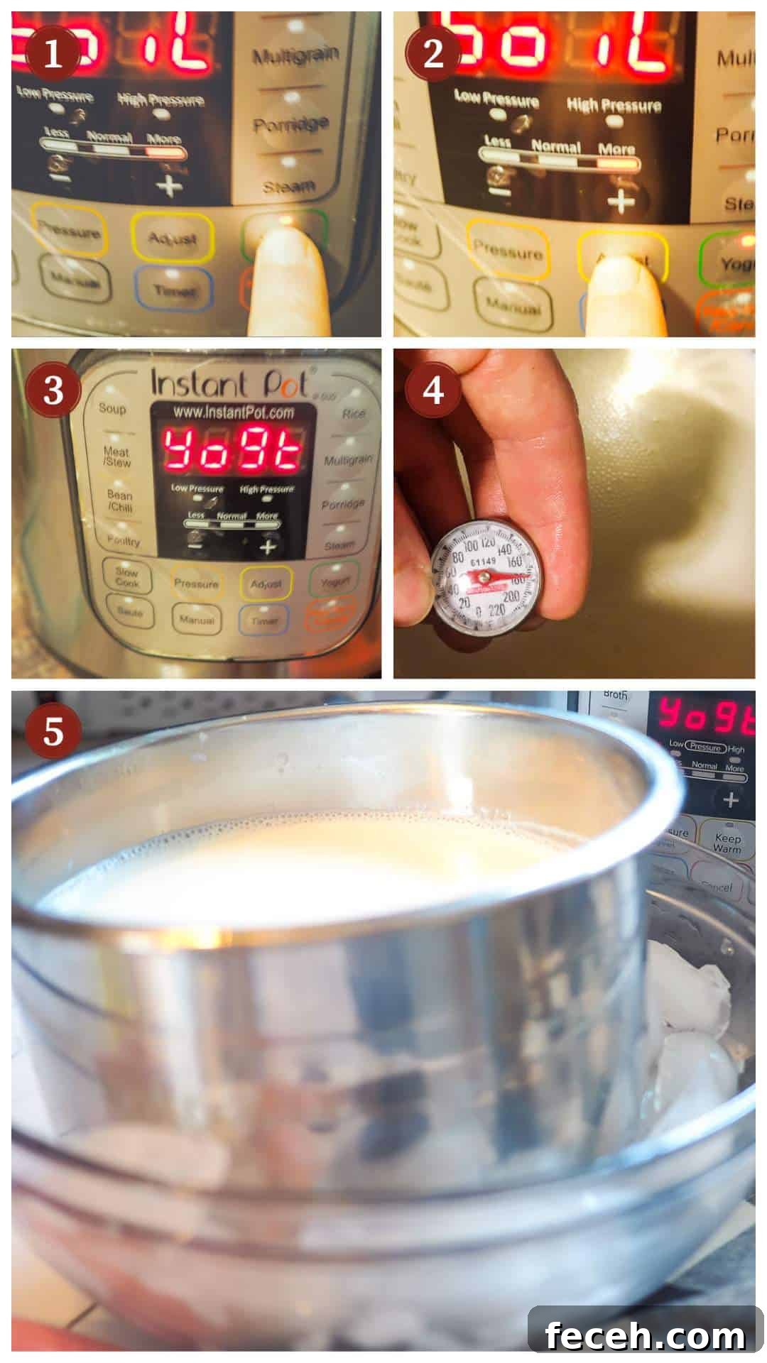 A collage of images showing the process of making yogurt in an Instant Pot, steps 1 - 5.