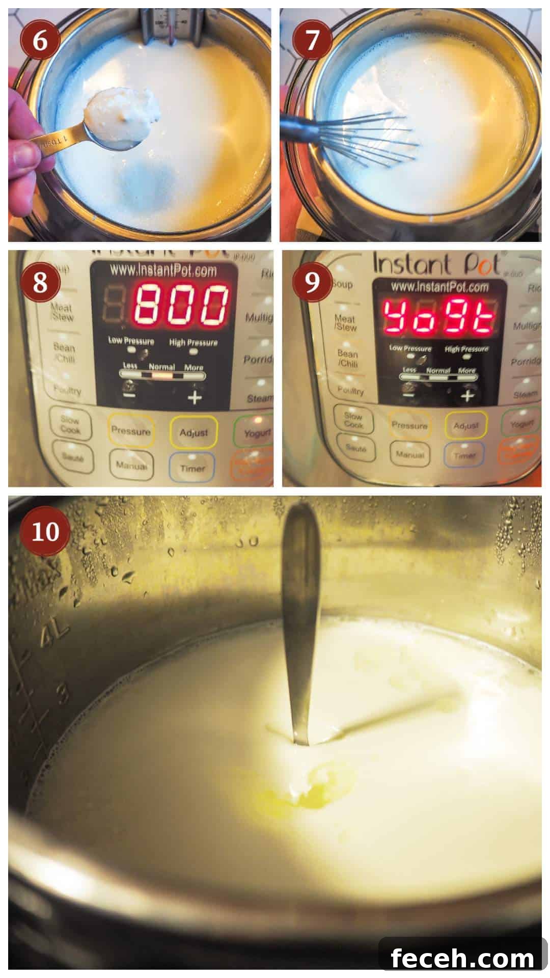 A collage of images showing the process of making yogurt in an Instant Pot, steps 6 - 10..
