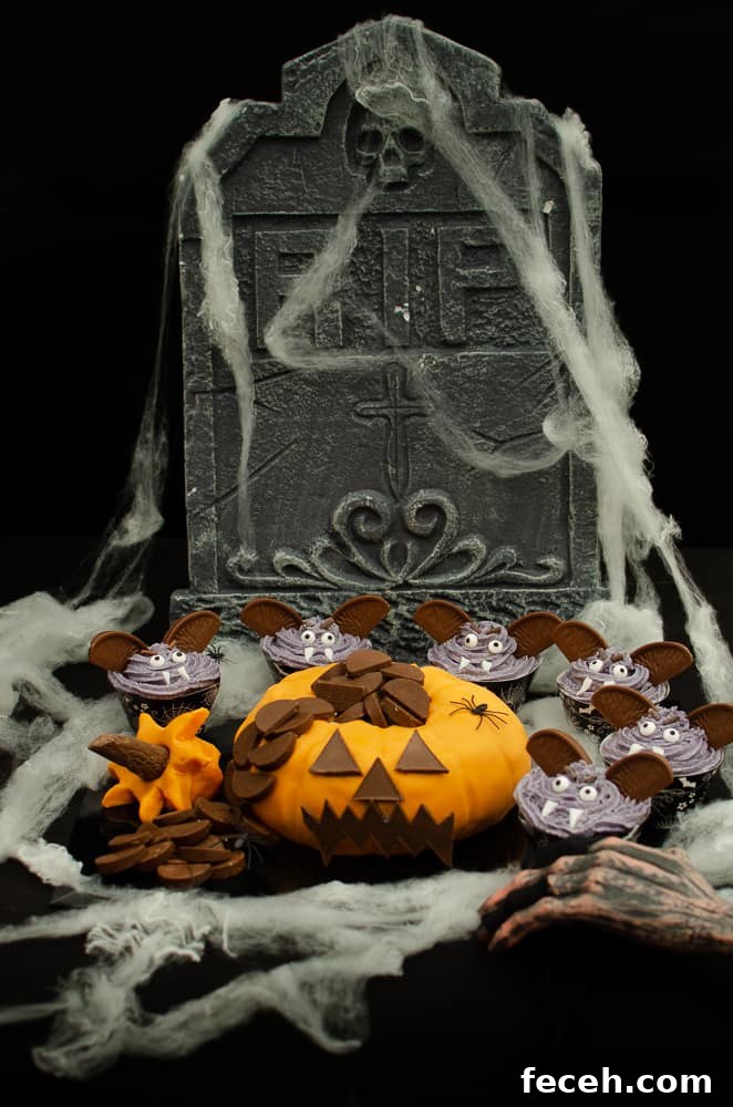 Terry's Chocolate Orange pumpkin cake surrounded by vampire cupcakes with cobwebs and a zombie hand
