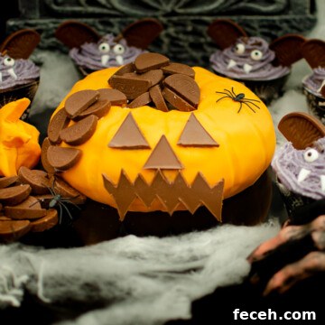 Pumpkin shaped cake with Chocolate Orange-Halloween party idea surrounded with vampire cupcakes and cobwebs
