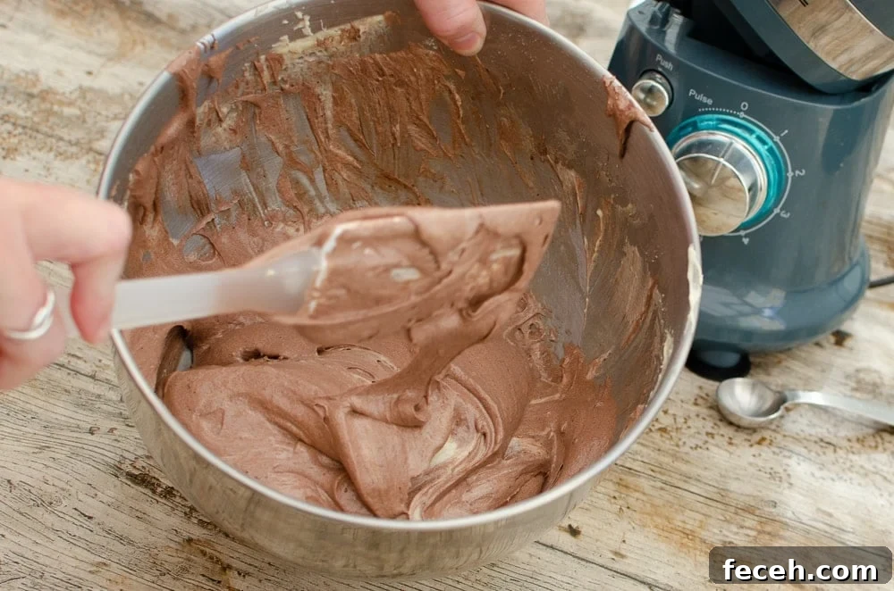 Chocolate cake mixture being stirred with a plastic spatula in a silver mixing bowl