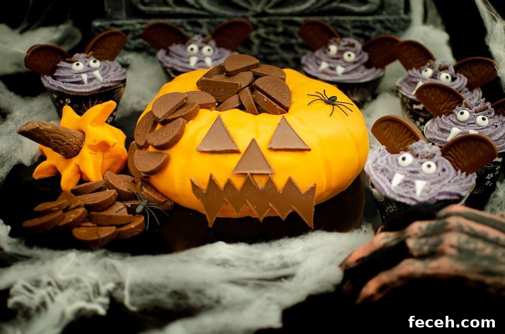Pumpkin shaped cake with Chocolate Orange-Halloween party idea surrounded with vampire cupcakes and cobwebs