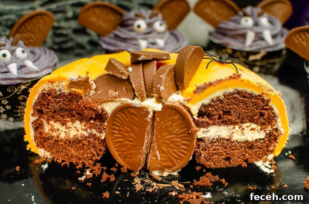 Pumpkin shaped cake with Chocolate Orange-Halloween party idea cut in half showing chocolate and cream layers and a ball of chocolate orange in the middle