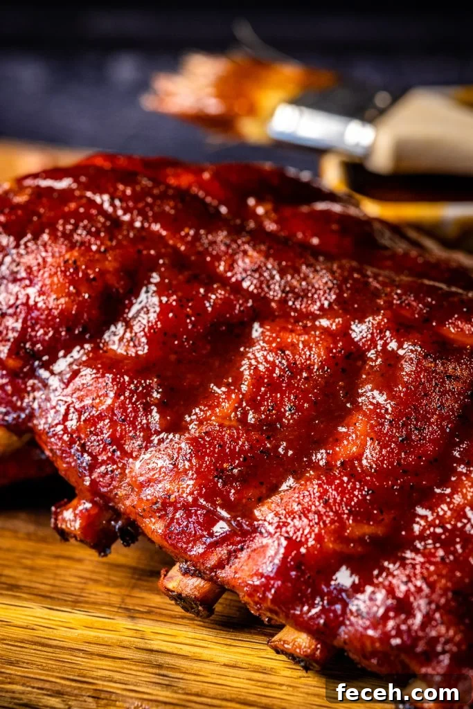 Bones pulling away from a rack of baby back ribs.