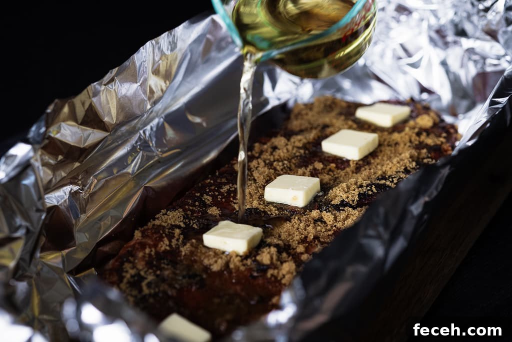 Apple cider being poured over ribs topped with brown sugar and pads of butter in a large sheet of aluminum foil.