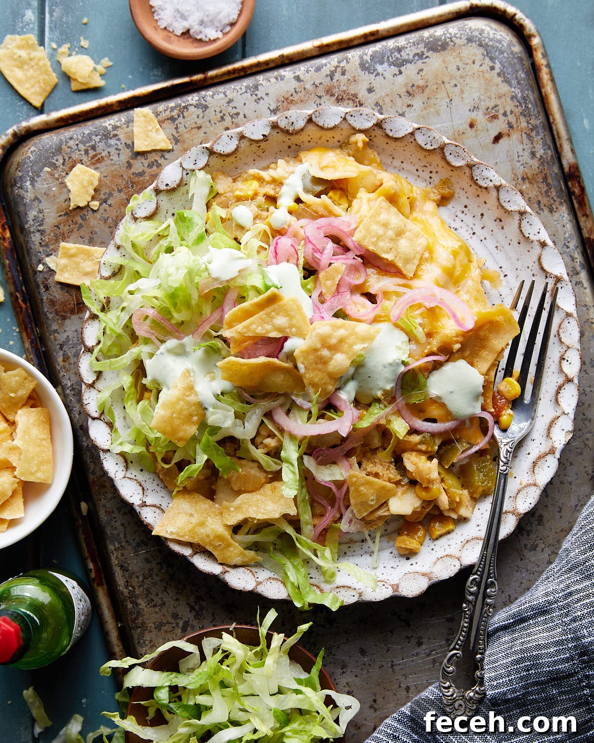 Slow Cooker Chicken Enchilada Casserole Recipe for Busy Nights 2 Overhead image of slow cooker chicken enchilada casserole.