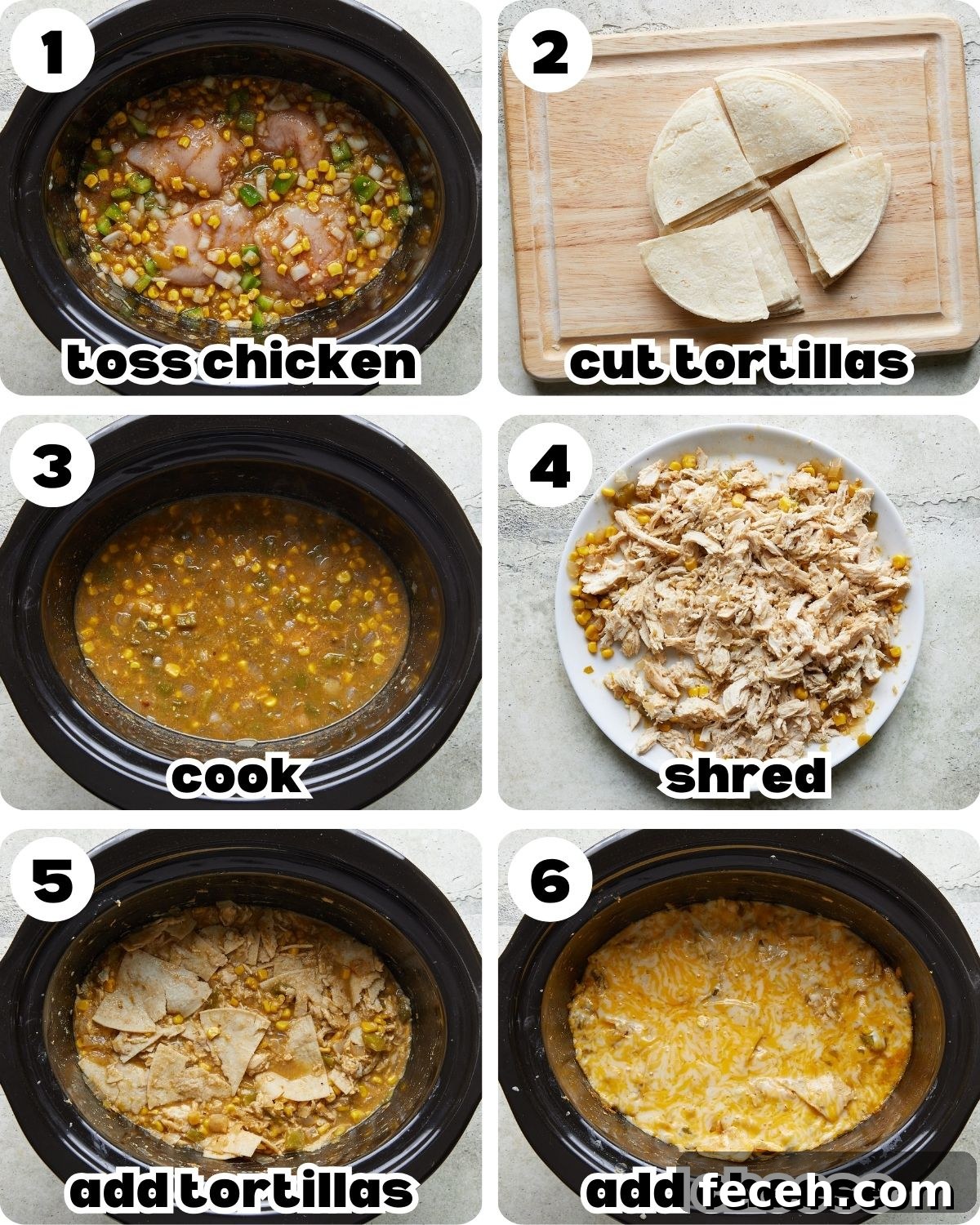Slow Cooker Chicken Enchilada Casserole Recipe for Busy Nights 4 A 6 photo collage showing the steps for making slow cooker chicken enchilada casserole.
